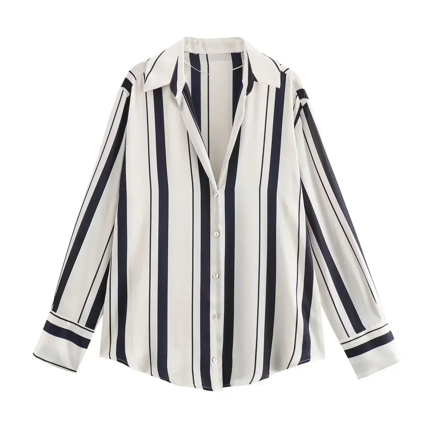 Women's new fashion loose printed striped shirt casual single breasted satin shirt retro long sleeved women's shirt chic top