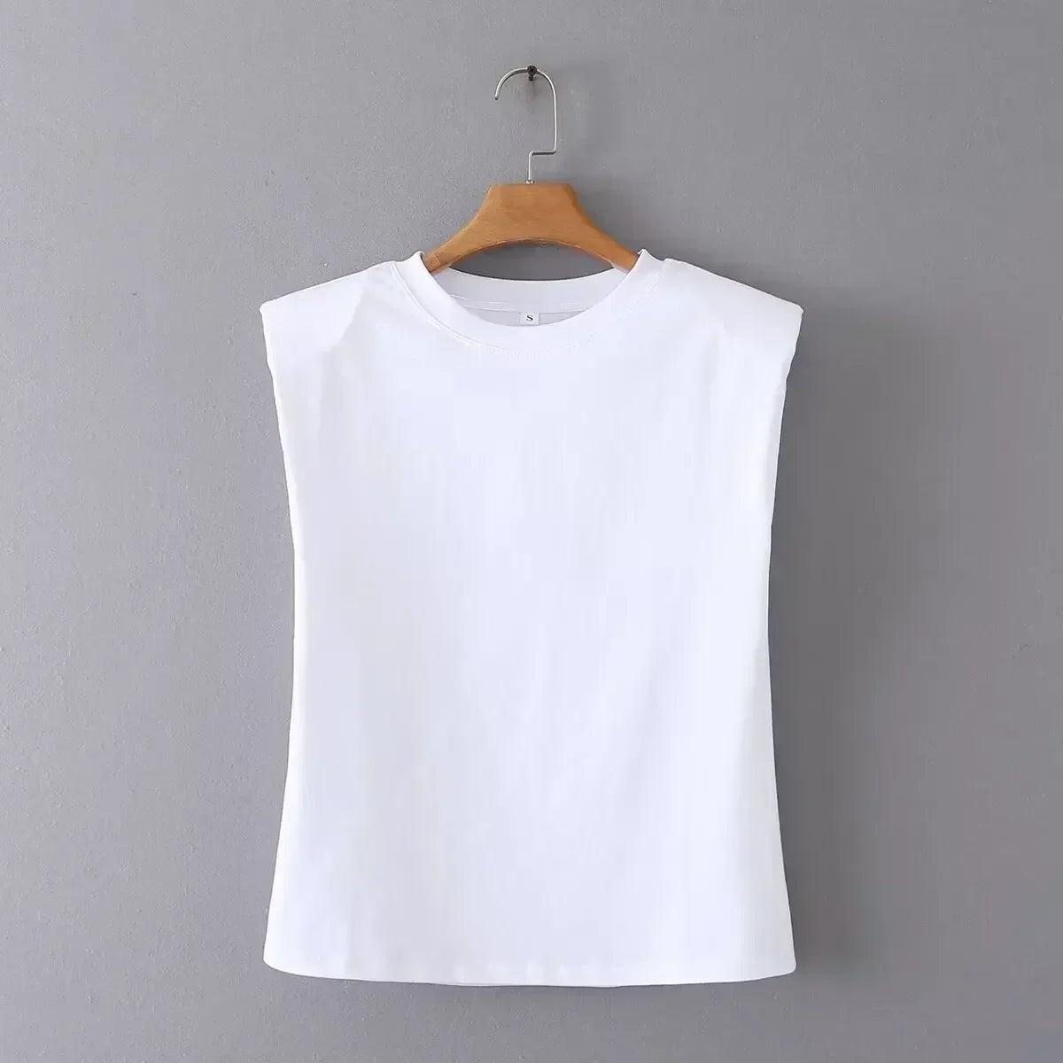 Women's New Fashion Shoulder Cushion Design Loose O Neck Casual Stripe T-shirt Top Retro Sleeveless Women's T-shirt