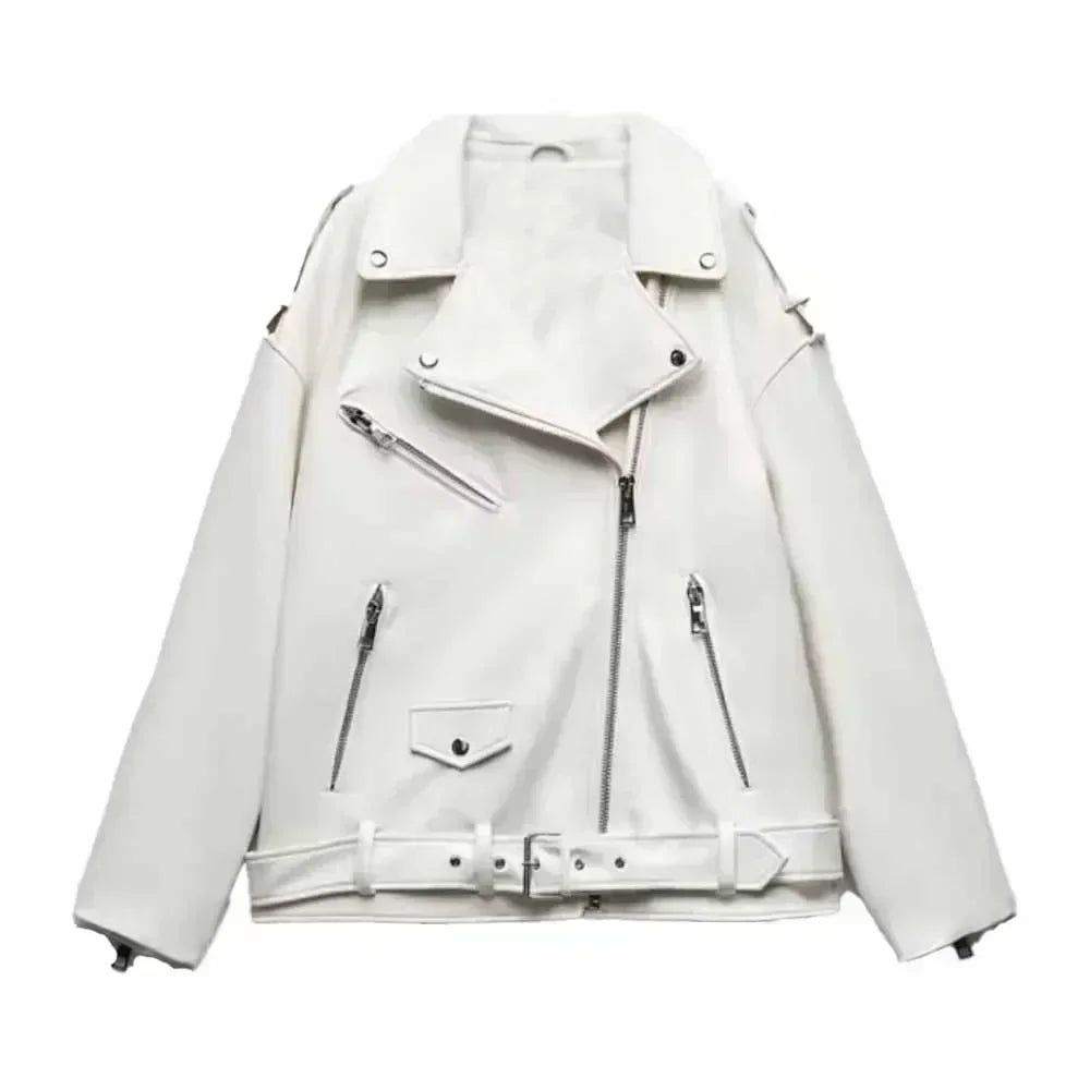 Women 2025 Autumn New Fashion Imitation Leather Loose Jacket Coat Vintage Long Sleeve Zipper Female Outerwear Chic Tops