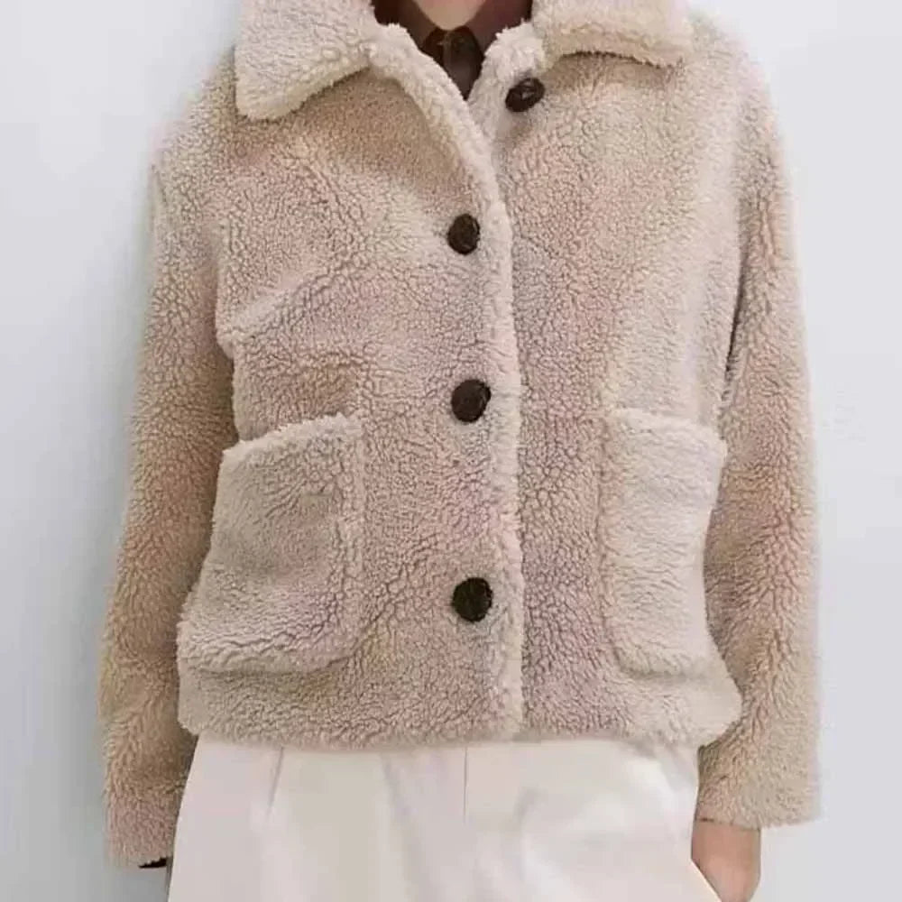 Women's 2024 New Fashion Loose Single breasted Thick Warm Lapel Fleece Coat Retro Long Sleeve Pocket Women's Coat Chic Top