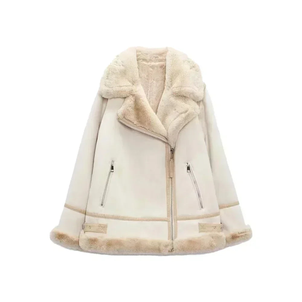 Women's 2023 Fashion Thick Winter Warm Loose Fur All-in-One Jacket Retro Long Sleeve Zipper Female Outerwear Chic Top Muje