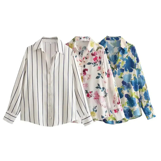 Women's new fashion loose satin texture shirt casual floral print shirt retro long sleeved Button up women's shirt chic top
