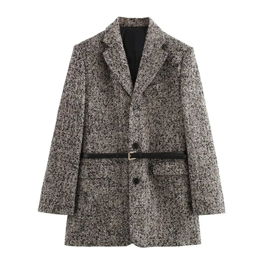 Ladies' new fashion with Belt flap pocket decoration loose striped suit coat retro long sleeved button up women's coat chic top