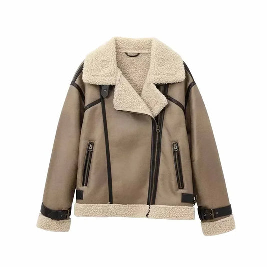 Women's 2024 new fashion casual double-sided Fur Faux Leather jacket coat retro long sleeved zipper pocket women's coat chic top
