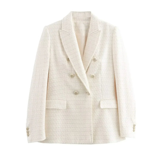 Ladies' new fashion Flip decoration slim double breasted Tweed Check textured suit coat retro long sleeved women's coat chic top