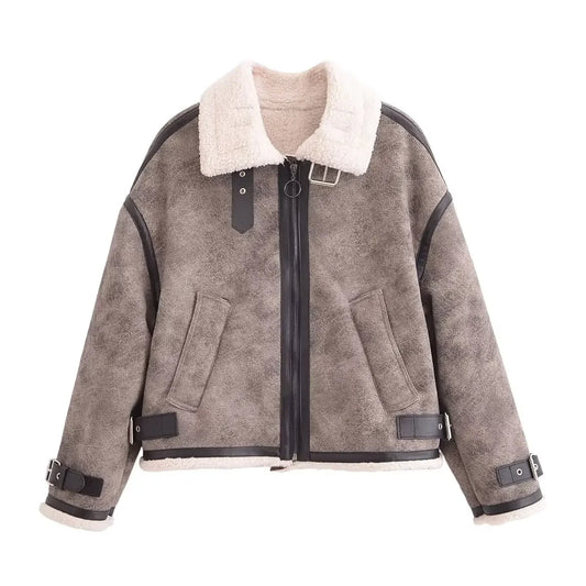 Women's Winter Fashion Casual Side Pocket Short Warm Fur Faux Leather Jacket Coat Retro Long Sleeve Zipper Women's Coat Chic Top