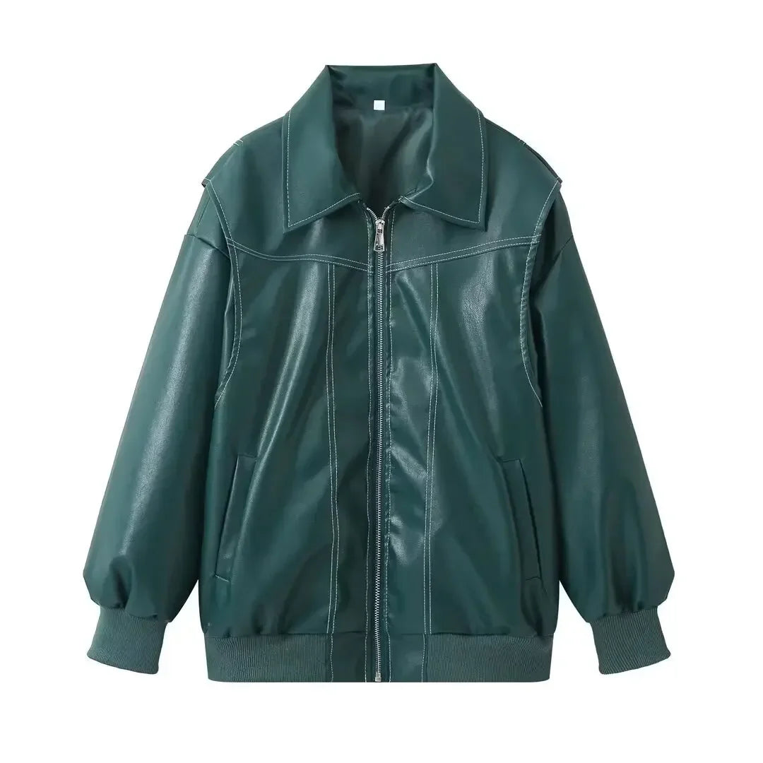 Women's new Fashion loose casual versatile retro imitation leather jacket coat long sleeved side pocket women's coat chic top