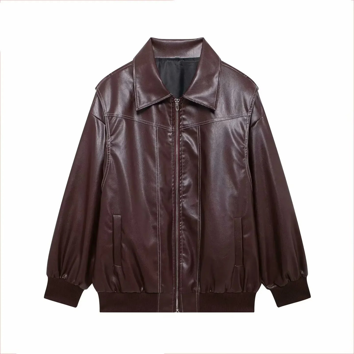 Women's new Fashion loose casual versatile retro imitation leather jacket coat long sleeved side pocket women's coat chic top