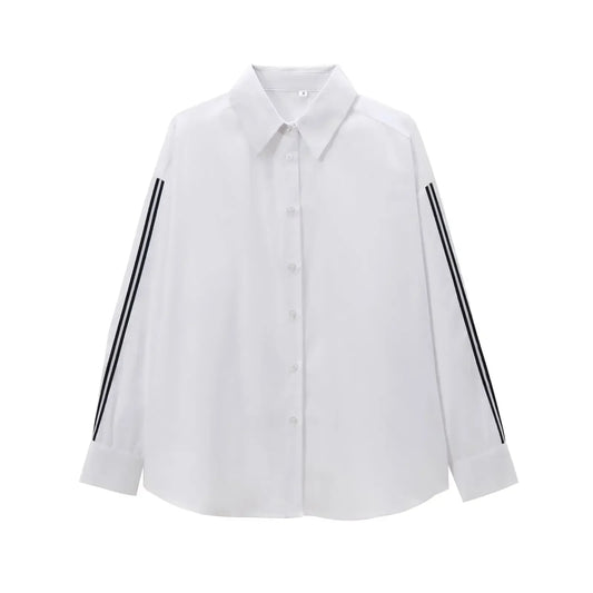 Women's New Fashion Side Striped Decorative Loose Single breasted Poplin Shirt Vintage Long sleeved Women's Shirt Unique