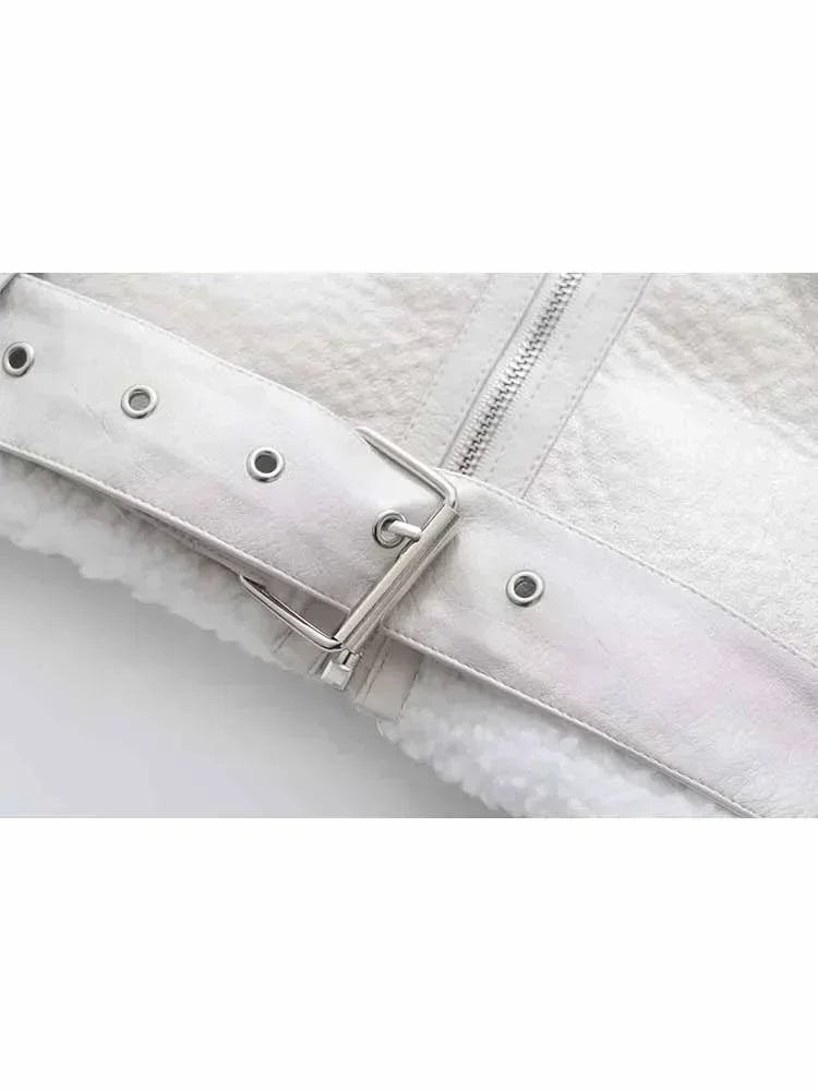 Women New Fashion With belt Cropped Fur Faux Leather Locomotive style Jacket Coat Vintage Long Sleeve Female Outerwear Chic Tops
