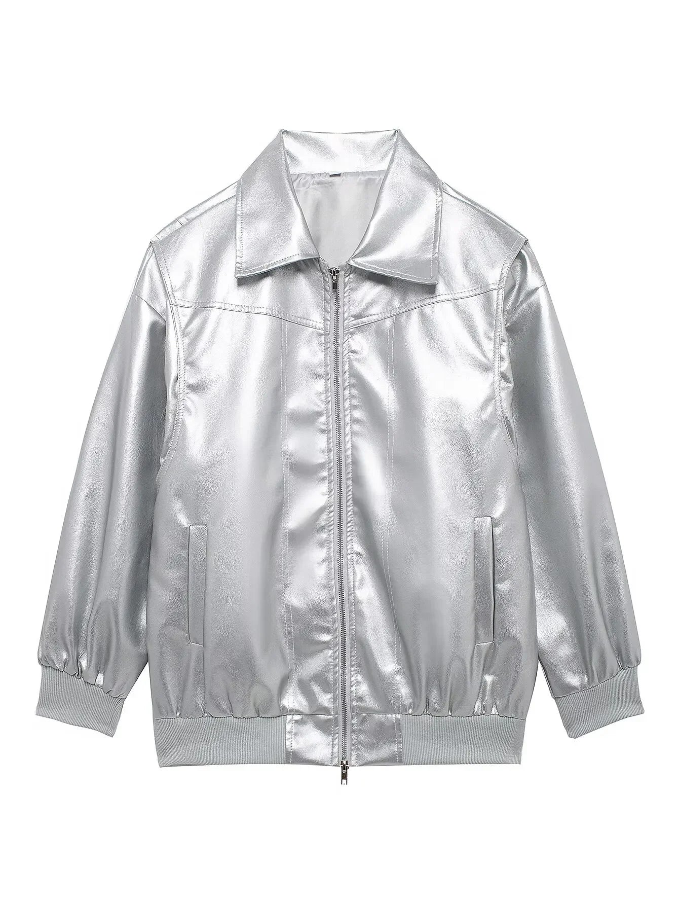 Women's new Fashion loose side pocket casual imitation leather jacket coat retro lapel long sleeved women's coat chic top