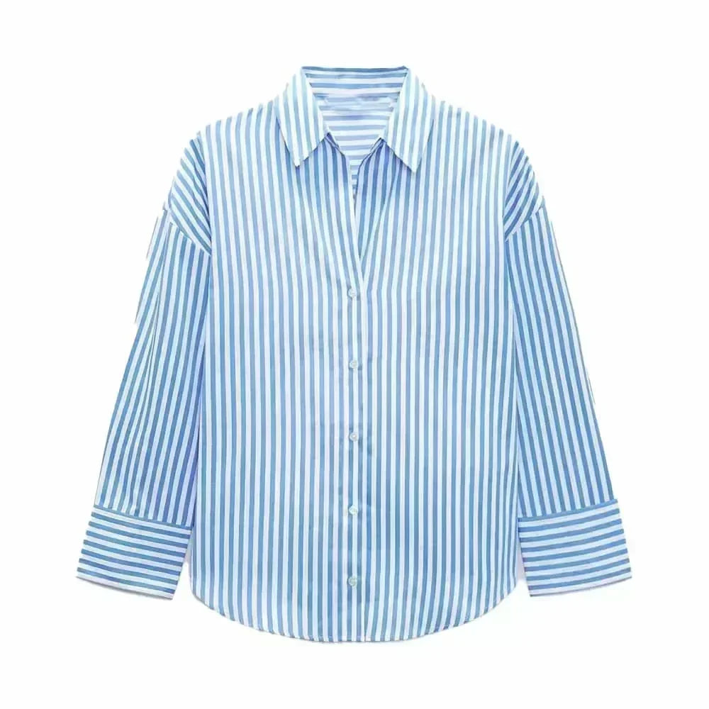 Women 2023 spring New Fashion Multicolor stripe Silk satin texture hang down Blouses Long Sleeve Button-up Female Shirts