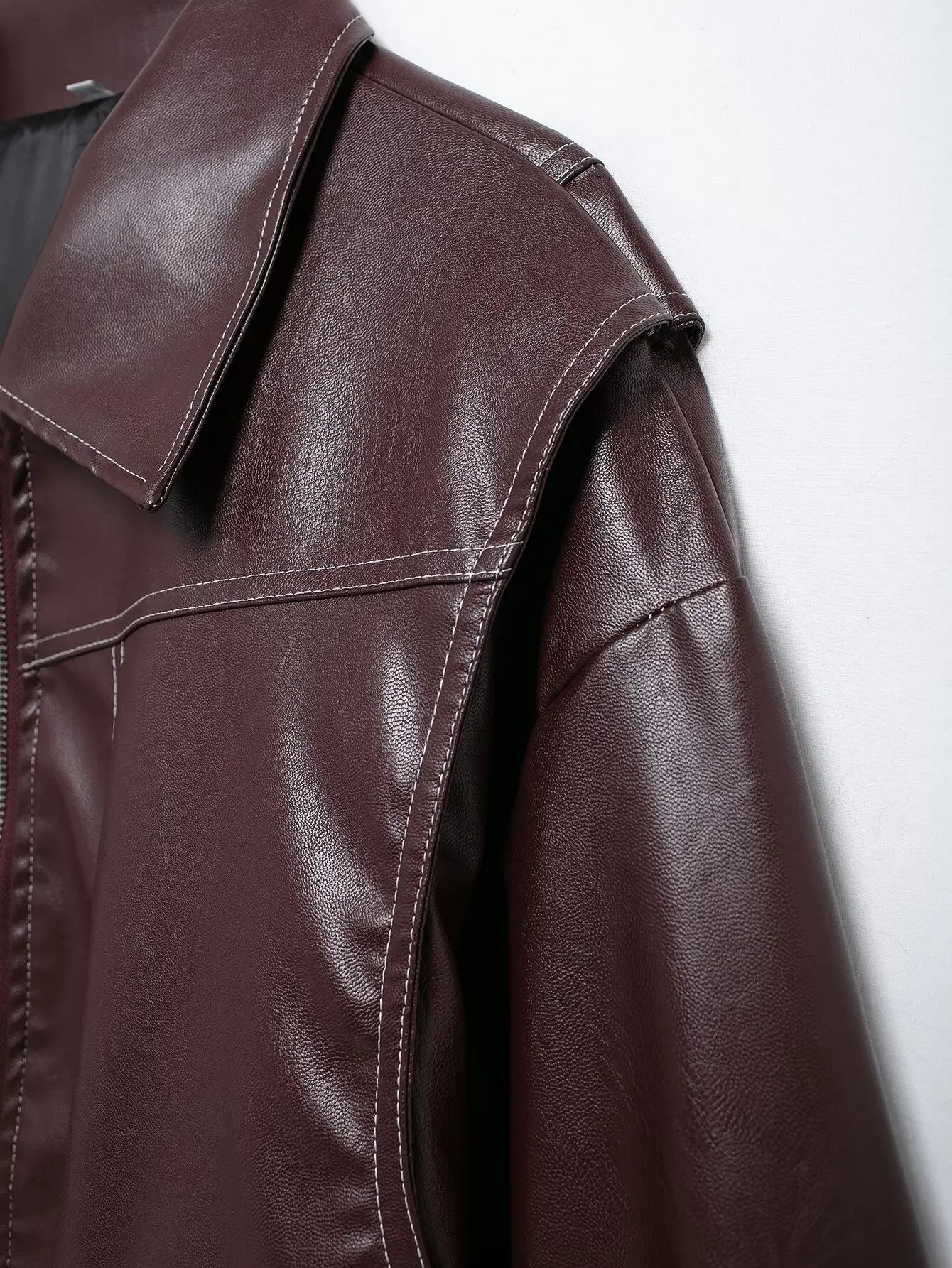 Women's new Fashion loose side pocket casual imitation leather jacket coat retro lapel long sleeved women's coat chic top