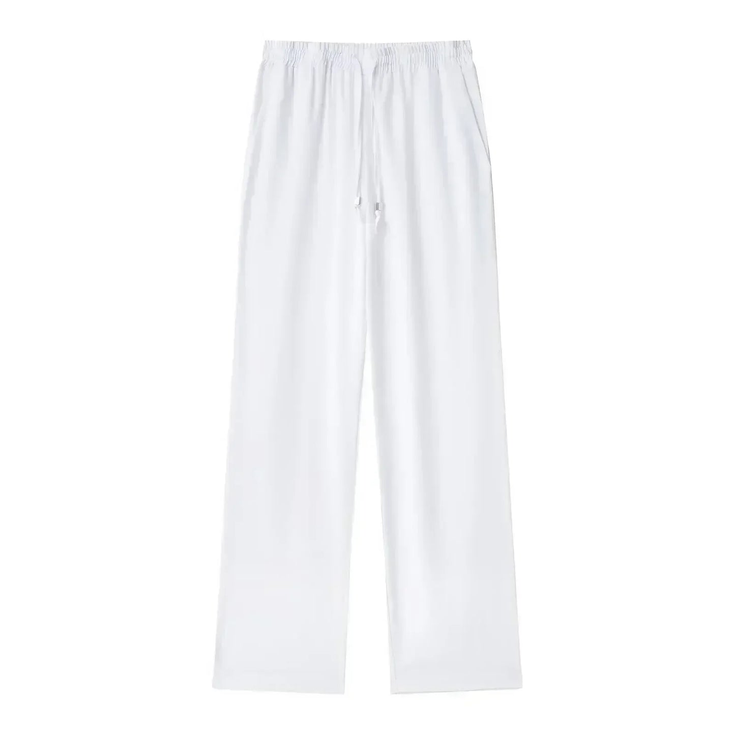 Women's New Chic Fashion Loose Side Pocket Linen Blended Wide Leg Pants Retro Elastic Waist Drawstring Women's Pants Mujer