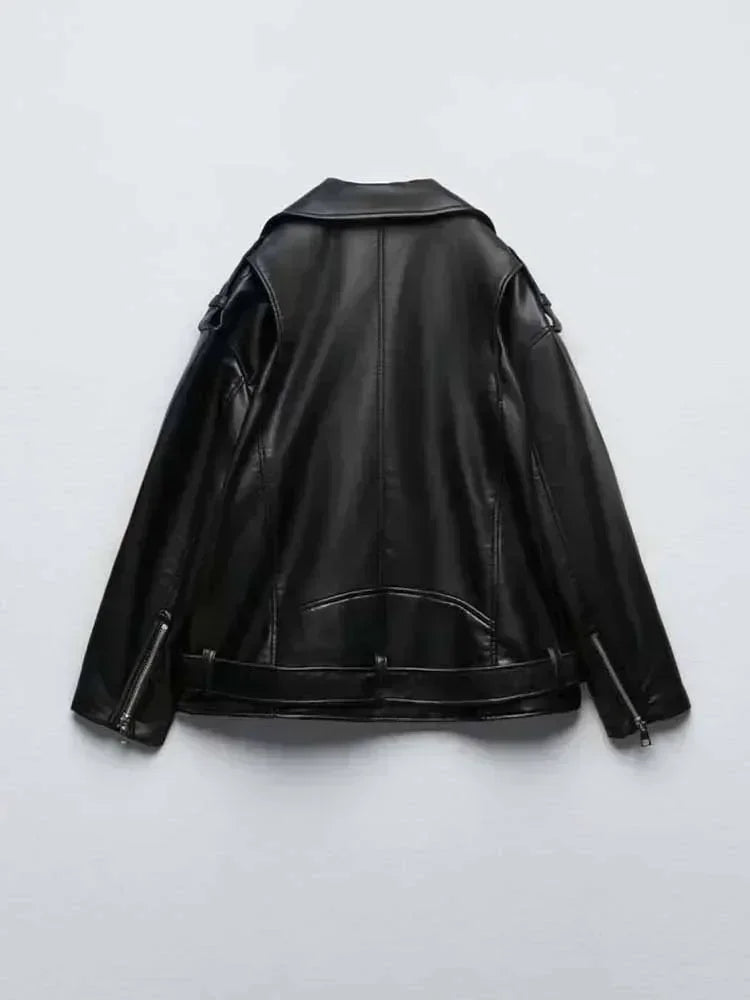 Women 2023 New Fashion With belt Loose Faux leather Locomotive style Jacket Coat Vintage Long Sleeve Female Outerwear Chic