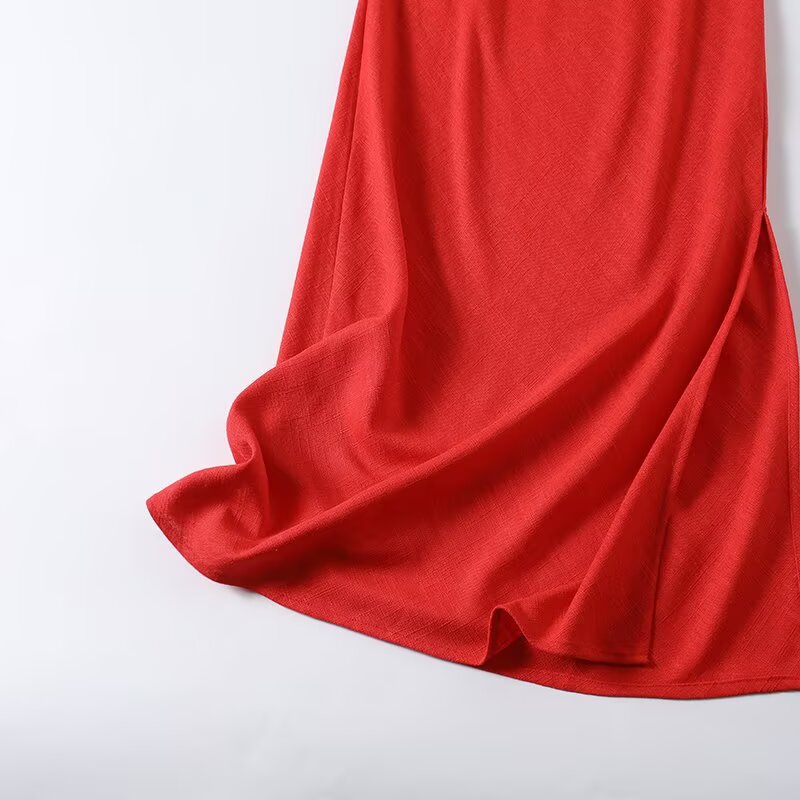 Women's sexy square neck linen suspender MIDI dress