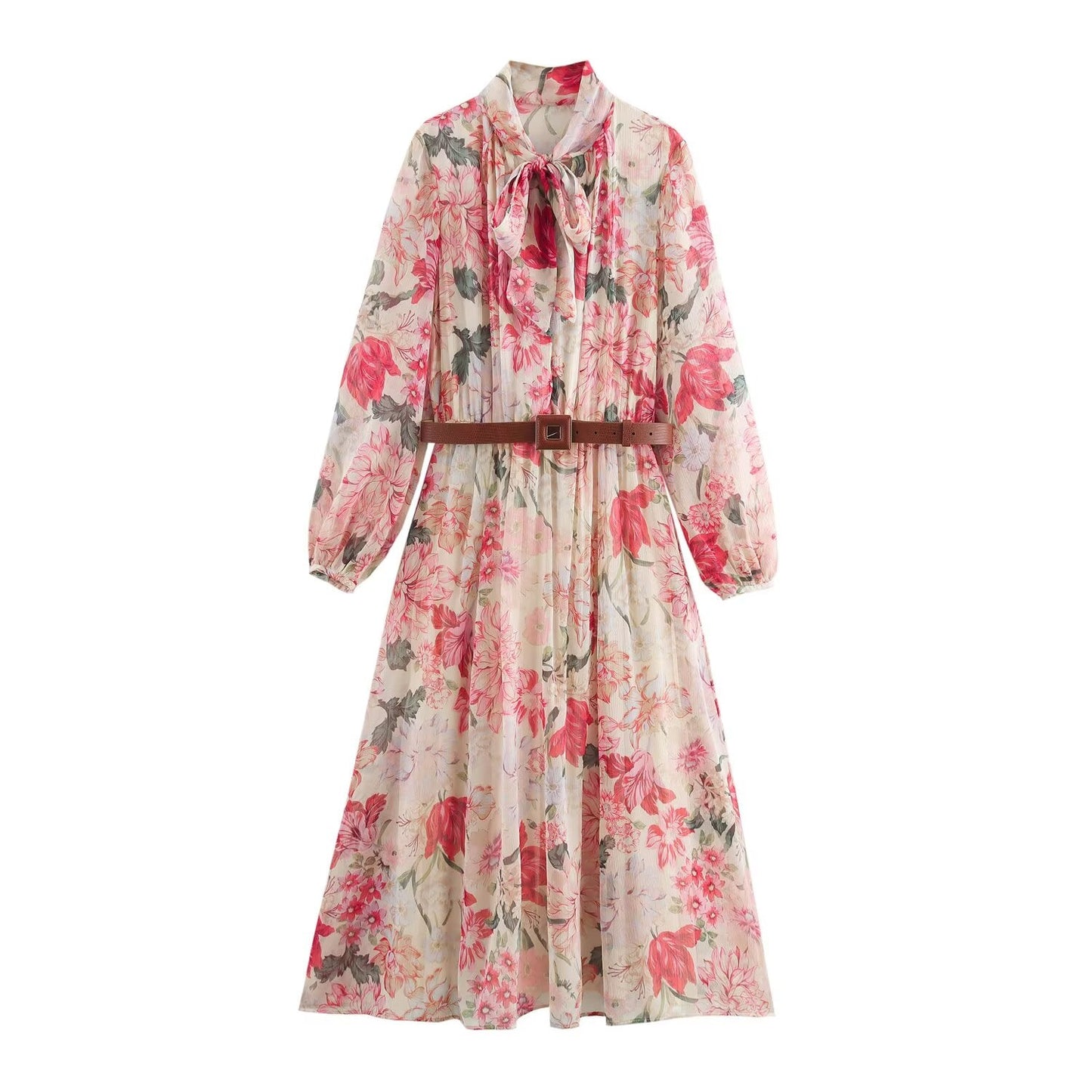 Women's new chic Fashion with Belt bow tie decoration loose flower print MIDI dress retro long sleeved women's dress Mujer