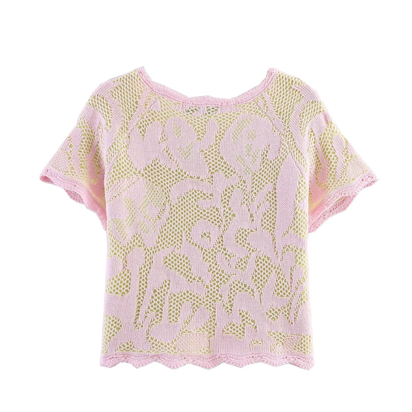 Women's O Neck jacquard short sleeved knitted Coat