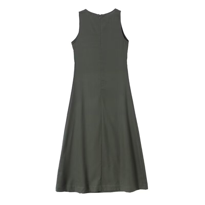 Women's solid sleeveless linen blended MIDI dress