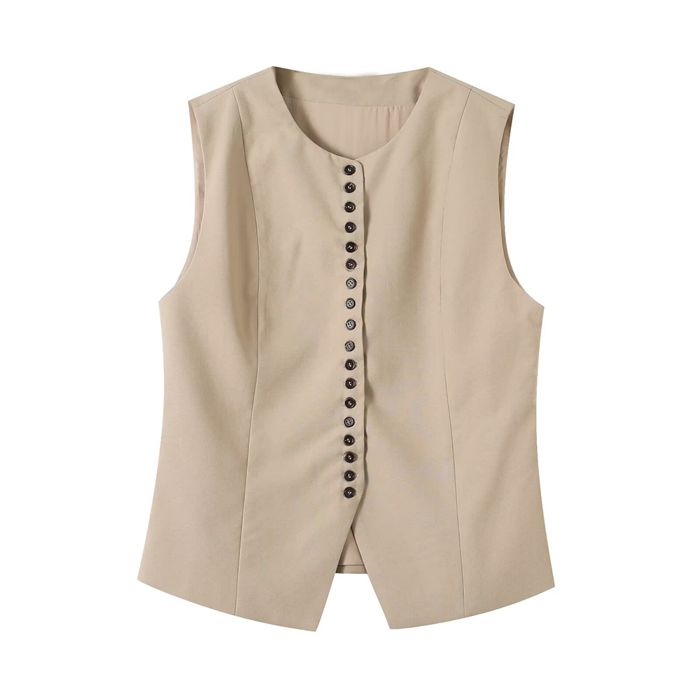 suit Women's 2 pieces Buckle design casual linen blended vest+Pants