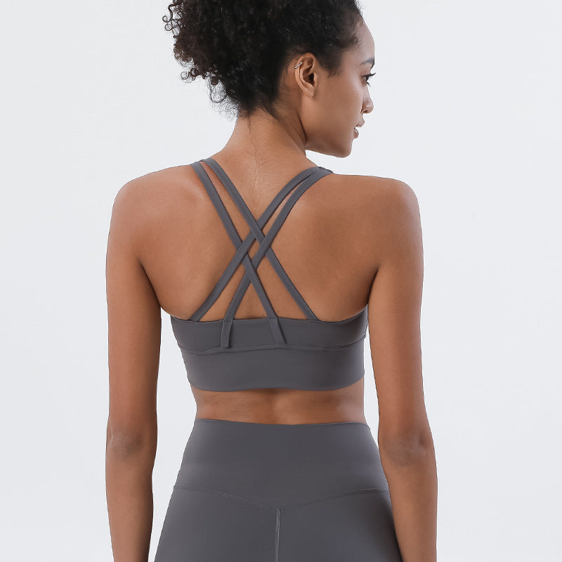 Women's new double-sided sanding cross back sports bra shockproof gathered yoga bra fitness vest