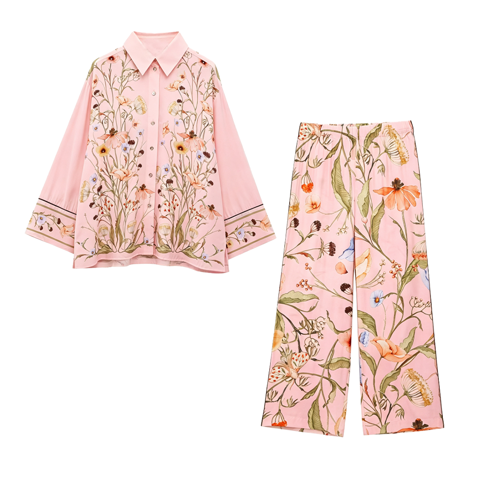 suit Women's 2 pieces loose long sleeved printed shirt+Pants