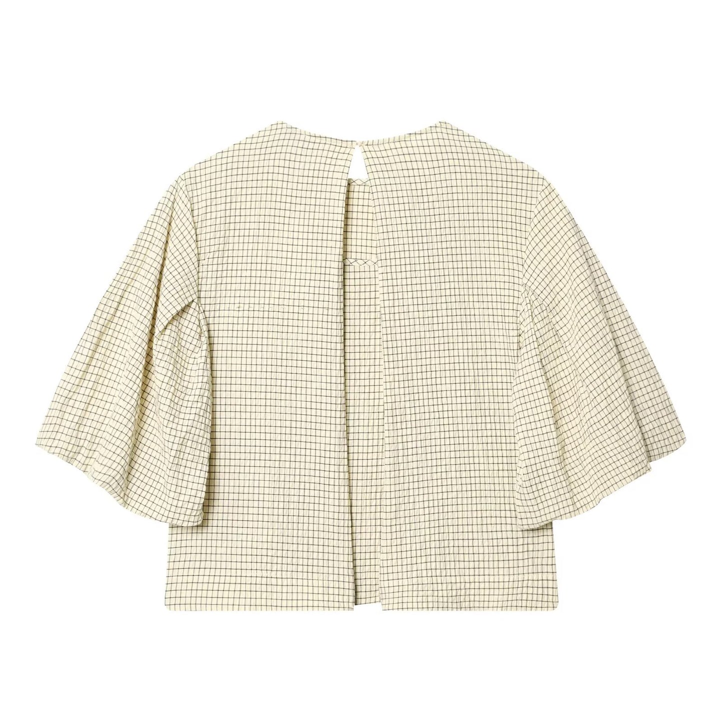 Women's O Neck balloon sleeve checkered top