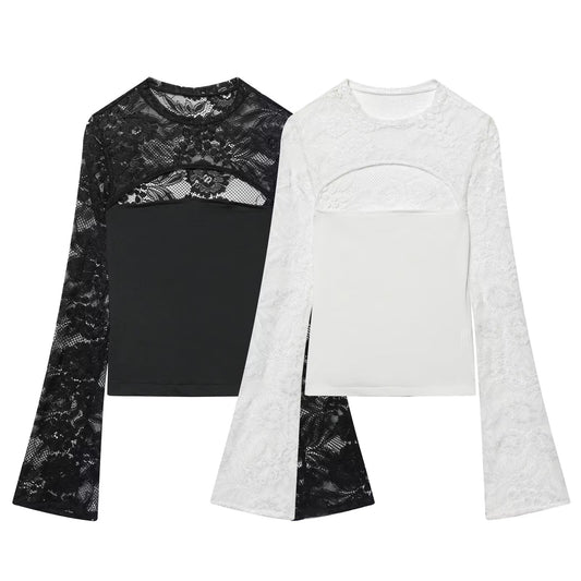 Women's lace patchwork hollow flared sleeve top