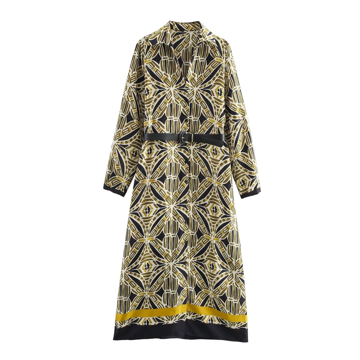Women's new Chic Fashion belt decoration loose single breasted printed MIDI dress retro lapel long sleeved women's dress Mujer