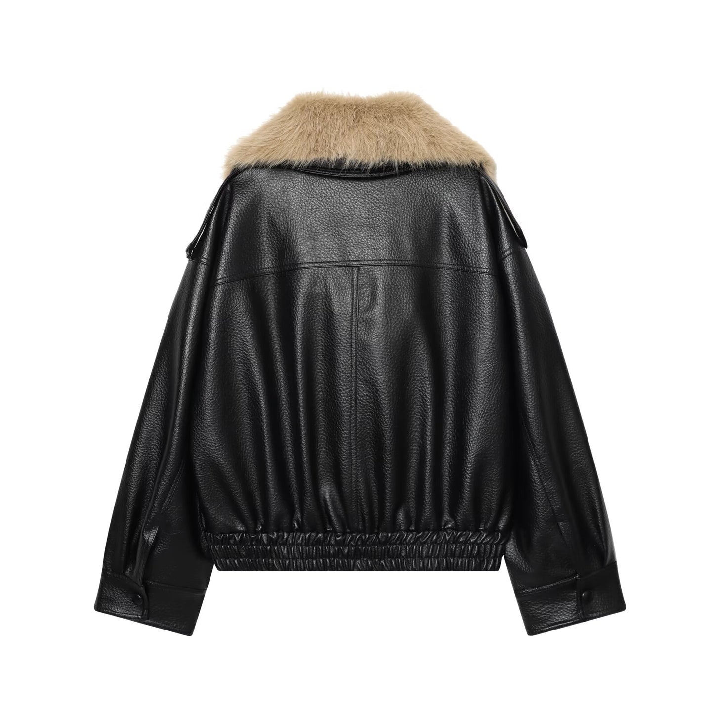 Women's detachable fur collar Faux Leather jacket Coat