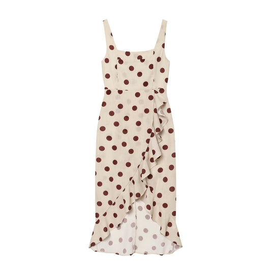 Women's polka dot linen blended MIDI dress