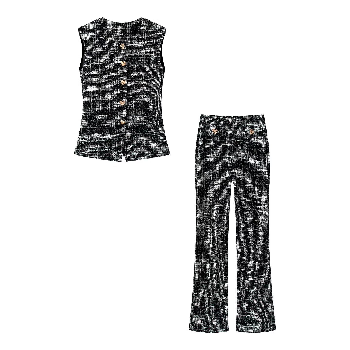 suit Women's 2 pieces button decoration texture vest style top+Flared pants