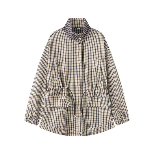 Women's casual stand collar waist cinched plaid Coat
