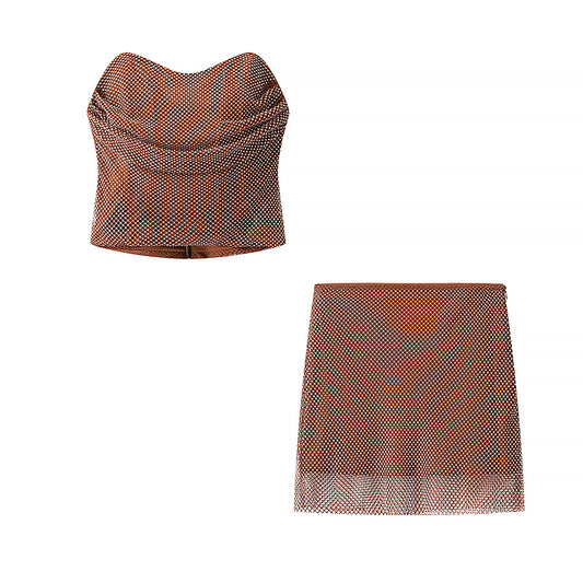 Women's new fashion diamond decorative tube top+mini overskirt suit.