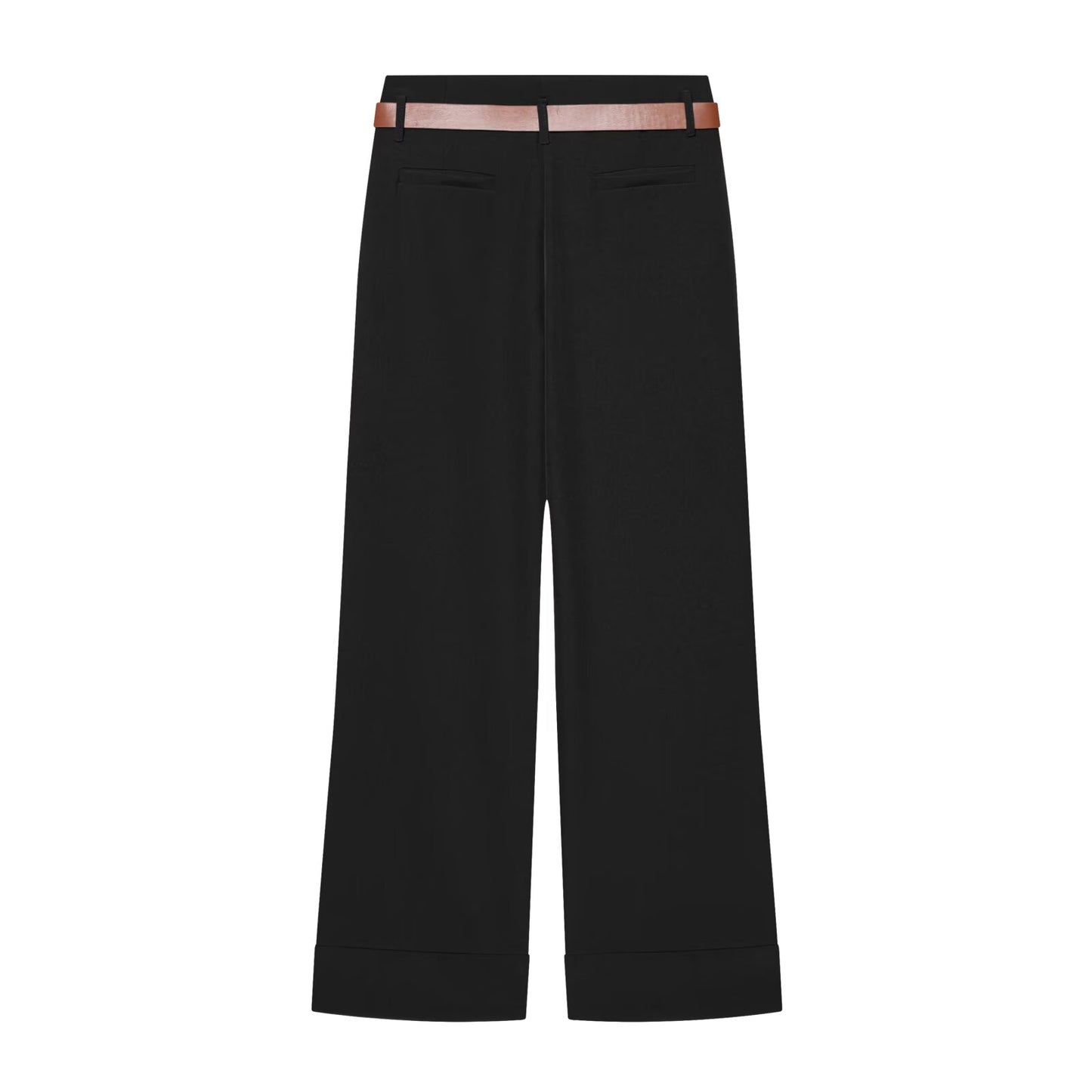 Women's With Belt high waisted straight leg rolled edge pants