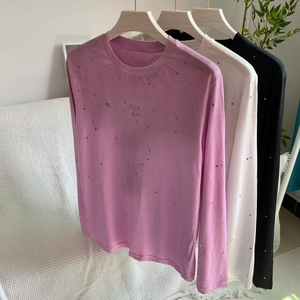 Women's new rhinestone decorated round neck long sleeve T-shirt