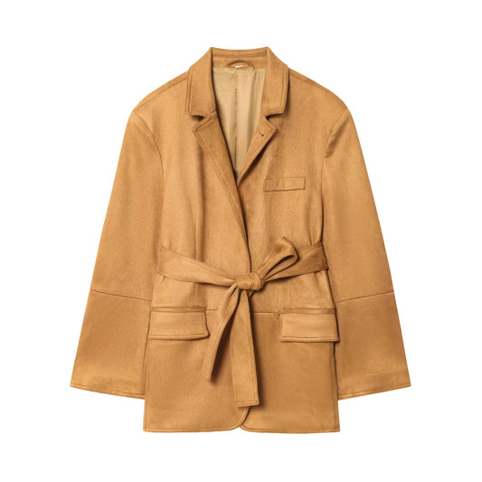 Women's 2025 new fashion with Belt loose suede suit jacket