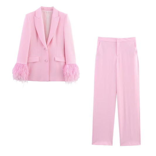 Women's new fashion feather cuff casual single breasted suit jacket+Pants suit