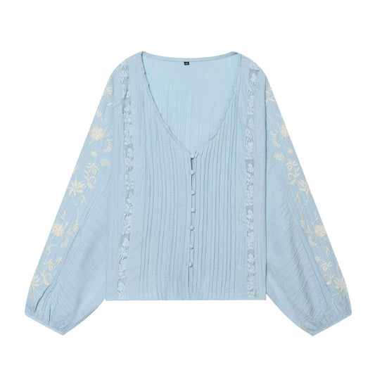 Women's contrasting embroidered V-neck shirt
