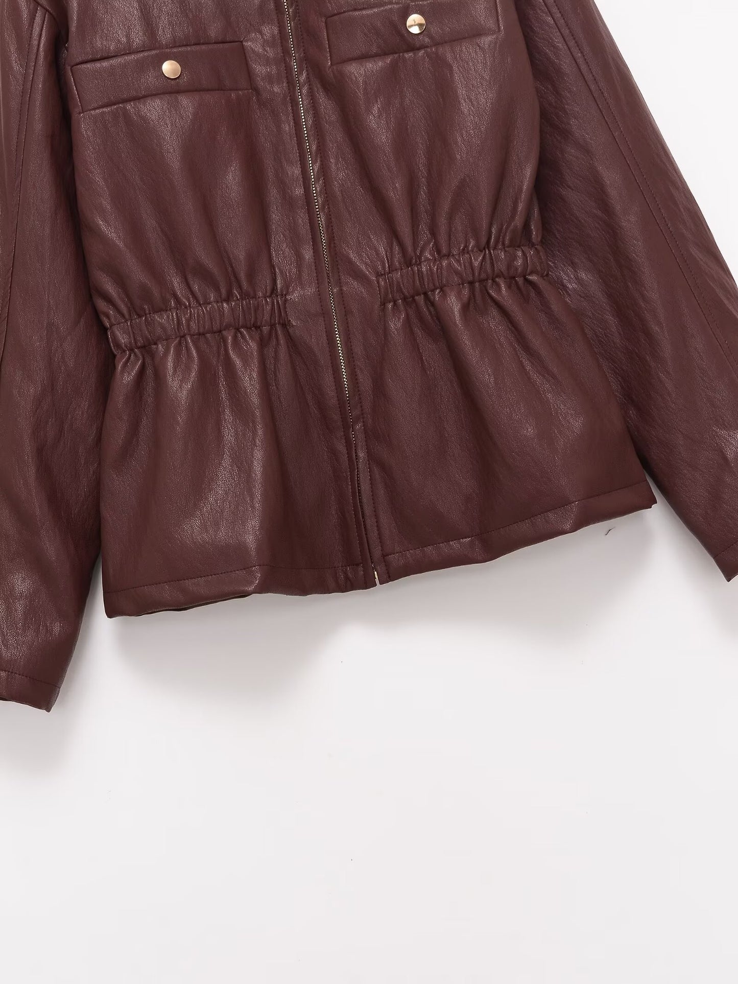 Women's elastic waist lapel Faux Leather jacket Coat