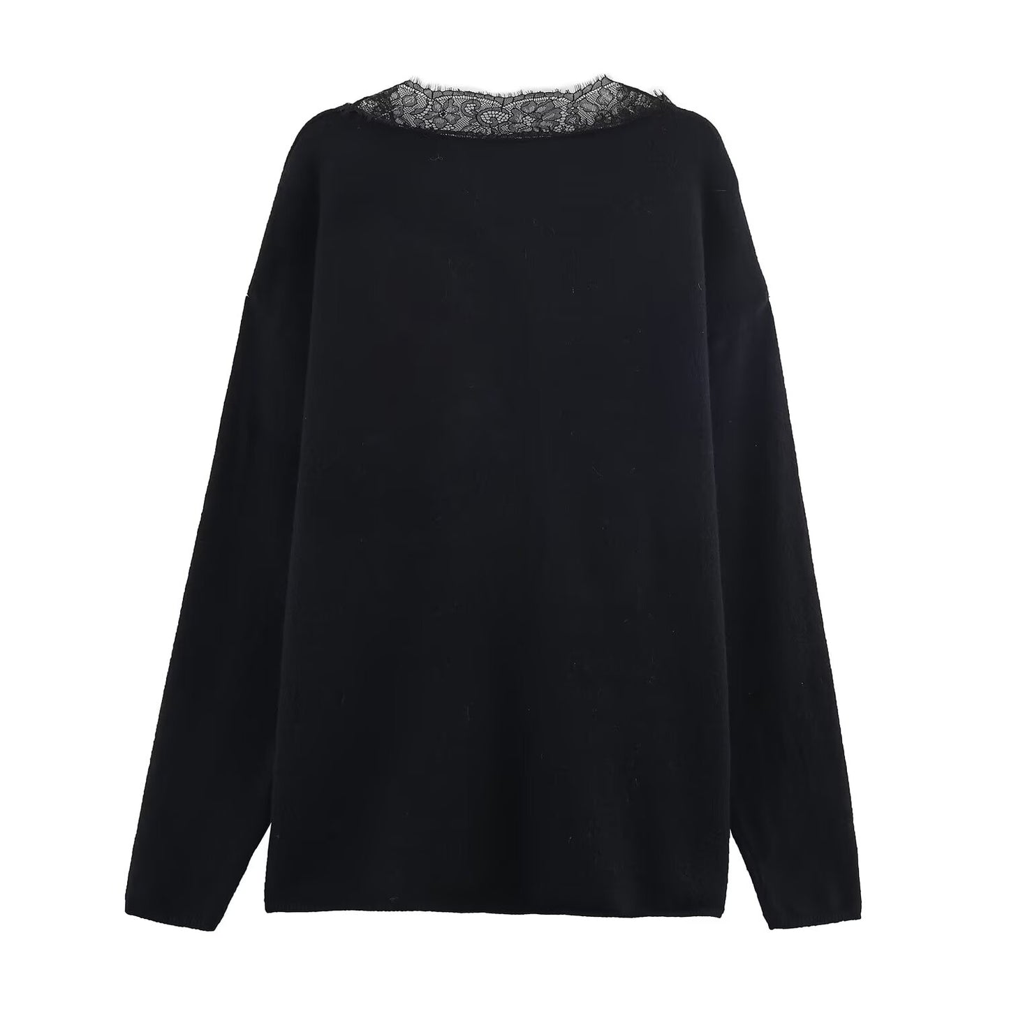 Women's lace decorated loose V-neck knitted sweater