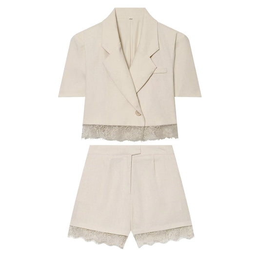 suit Women's 2 pieces lace hem short Blazer Coat+shorts