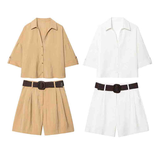Women's new fashion loose single breasted short sleeved shirt+Shorts Women's suit