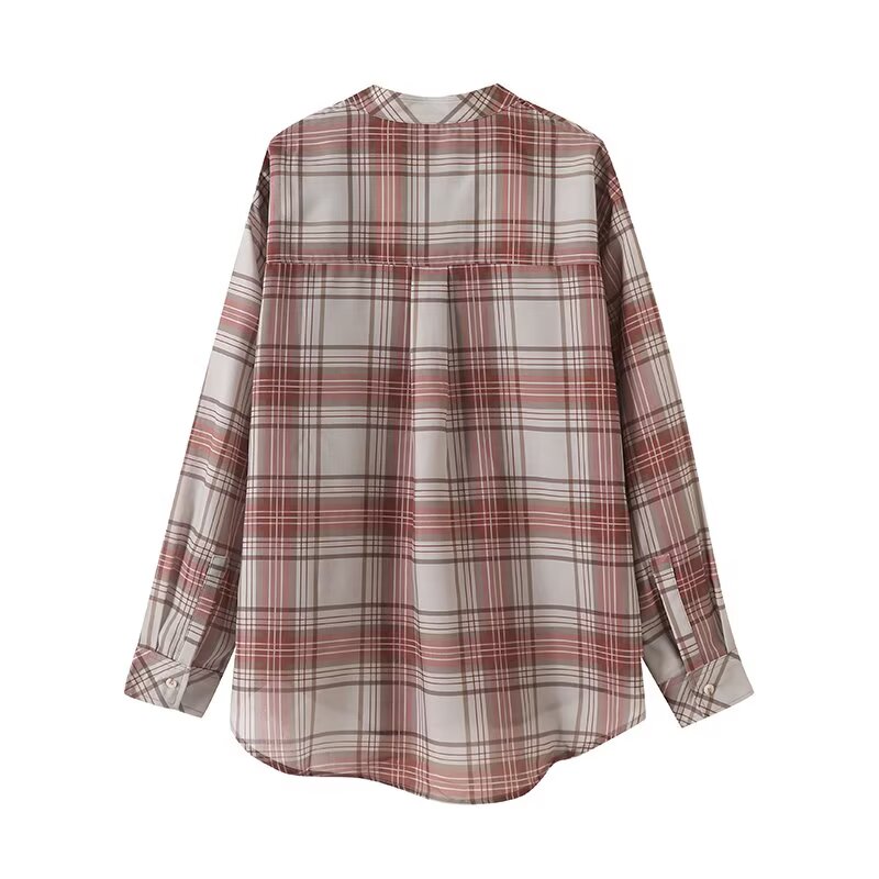 Women's new fashion long sleeved stand collar plaid printed shirt