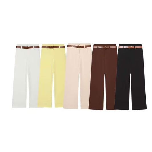 Women's With Belt high waisted straight leg rolled edge pants