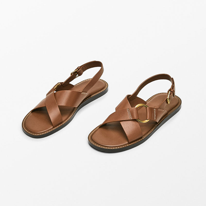 Women's New Casual Joker Leather Cross Strap Design Flat Slippers Roman Sandals