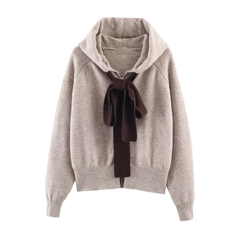 Women's new fashion bow decoration knitted hooded Coat