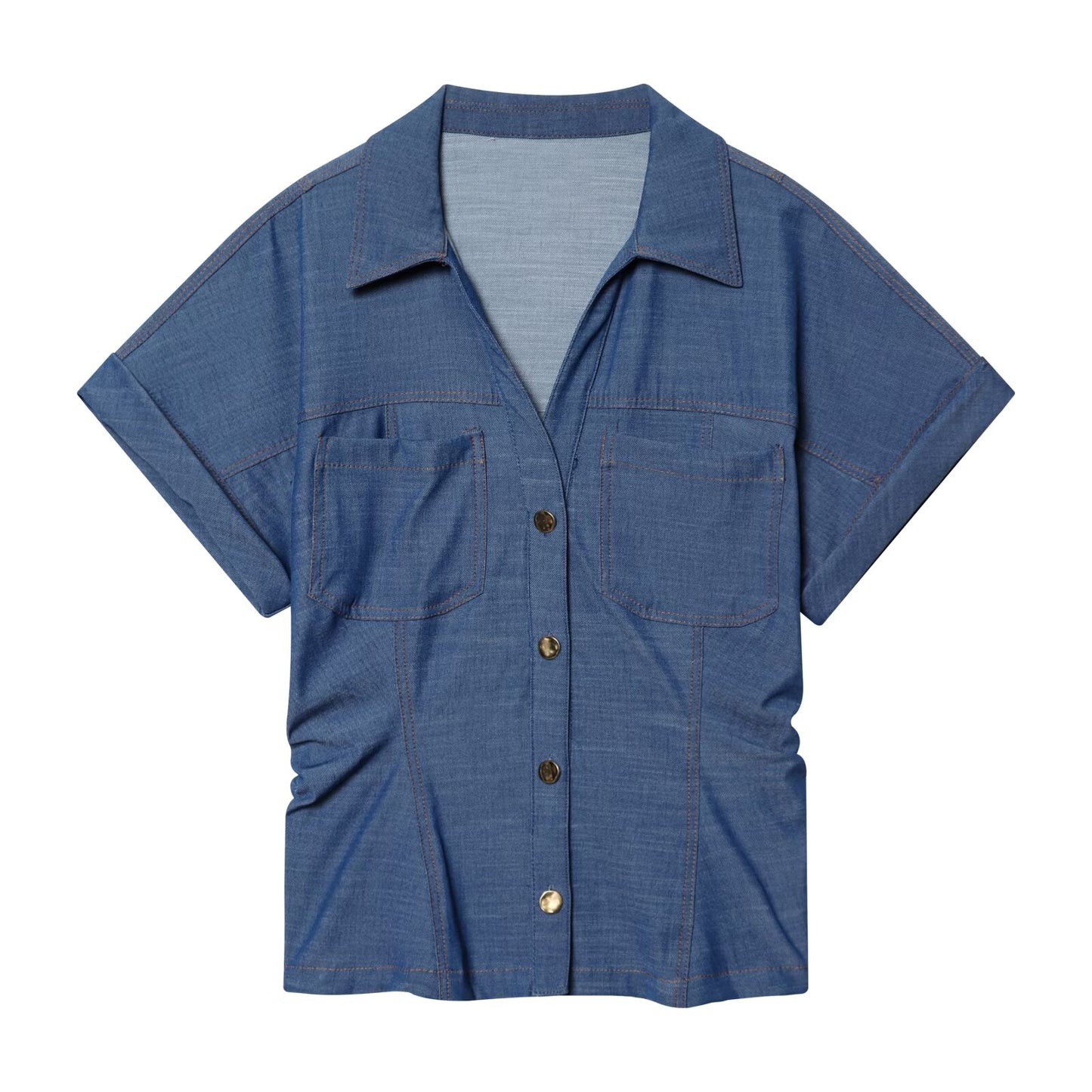 suit Women's 2 pieces short sleeved waist cinched pleated shirt+Jeans