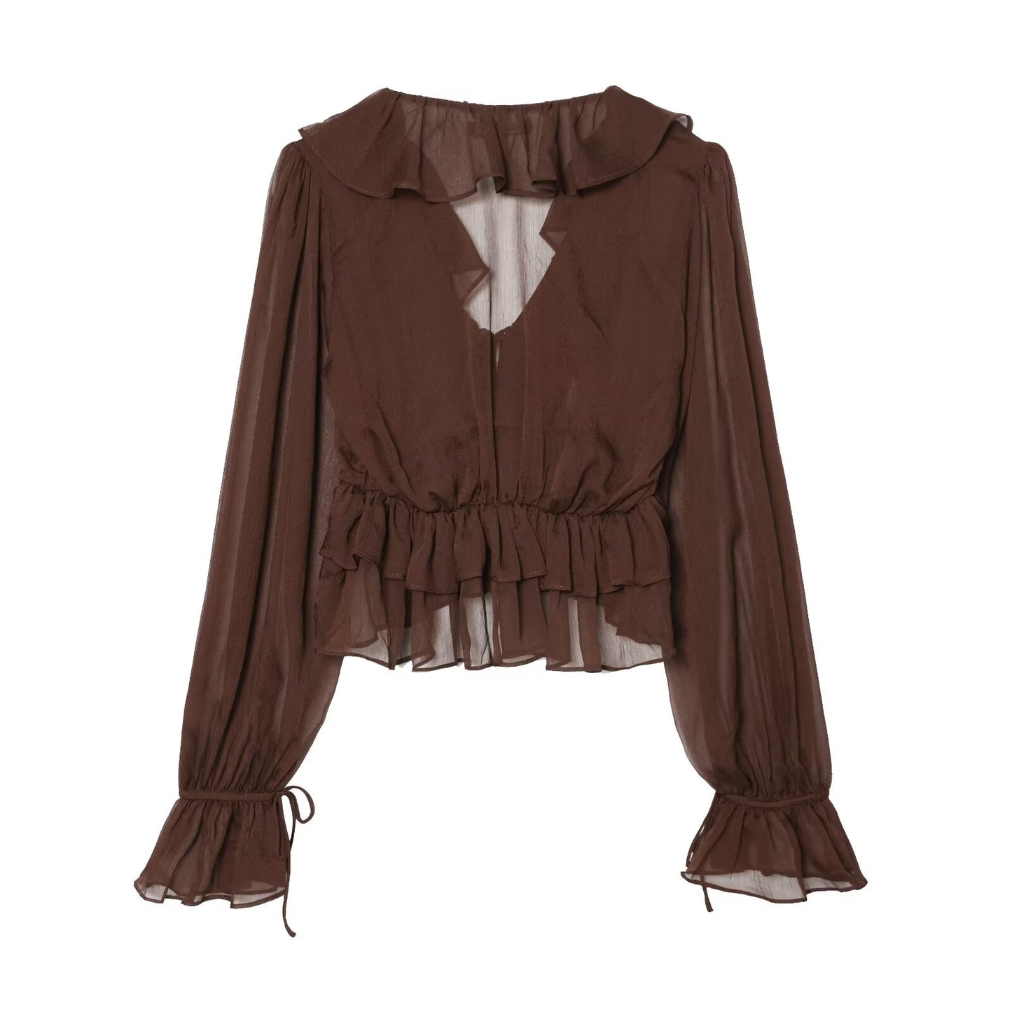 Women's slightly transparent ruffled V-neck top