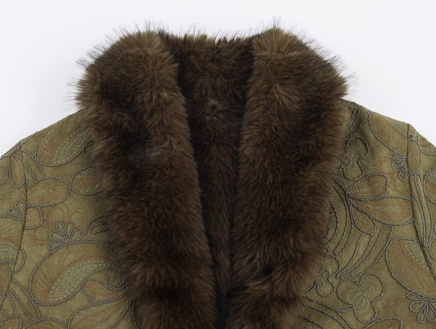 Women's artificial fur effect double-sided embroidered coat